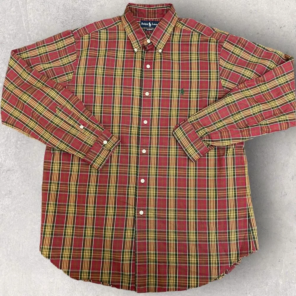 Polo Ralph‎ Lauren Shirt Red Green Yellow Plaid Button Up Long Sleeve Pony Large